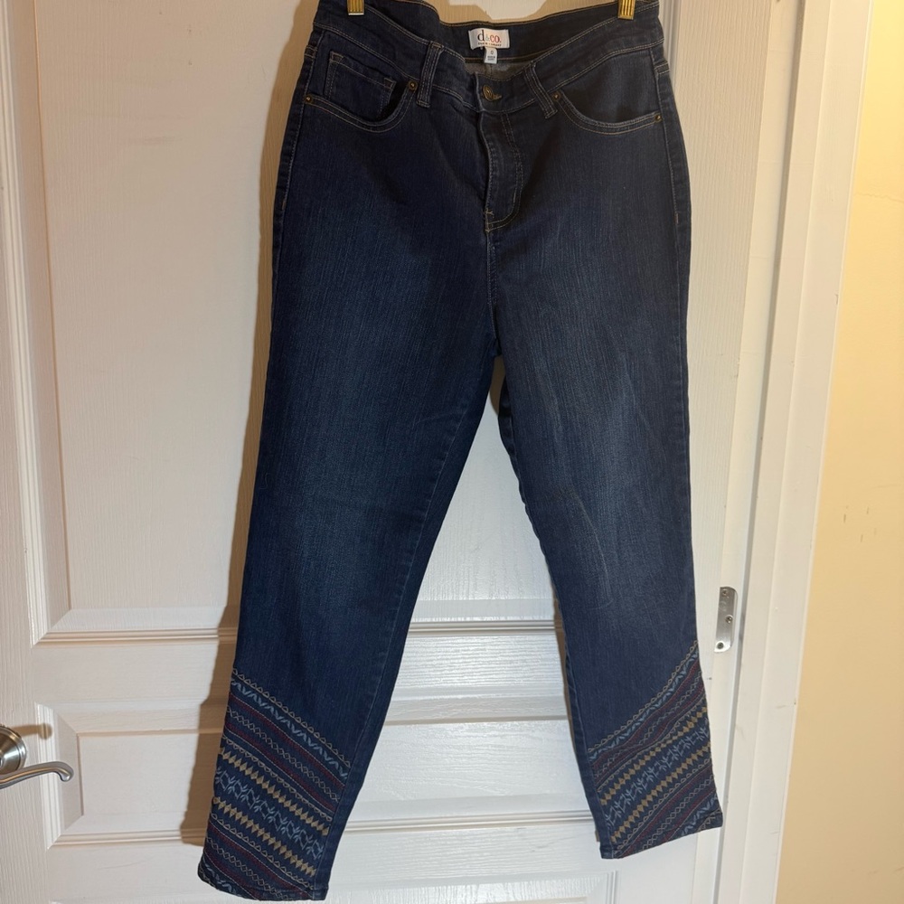 Denim&Co Dark Blue Cropped Jeans with Patterned Hem